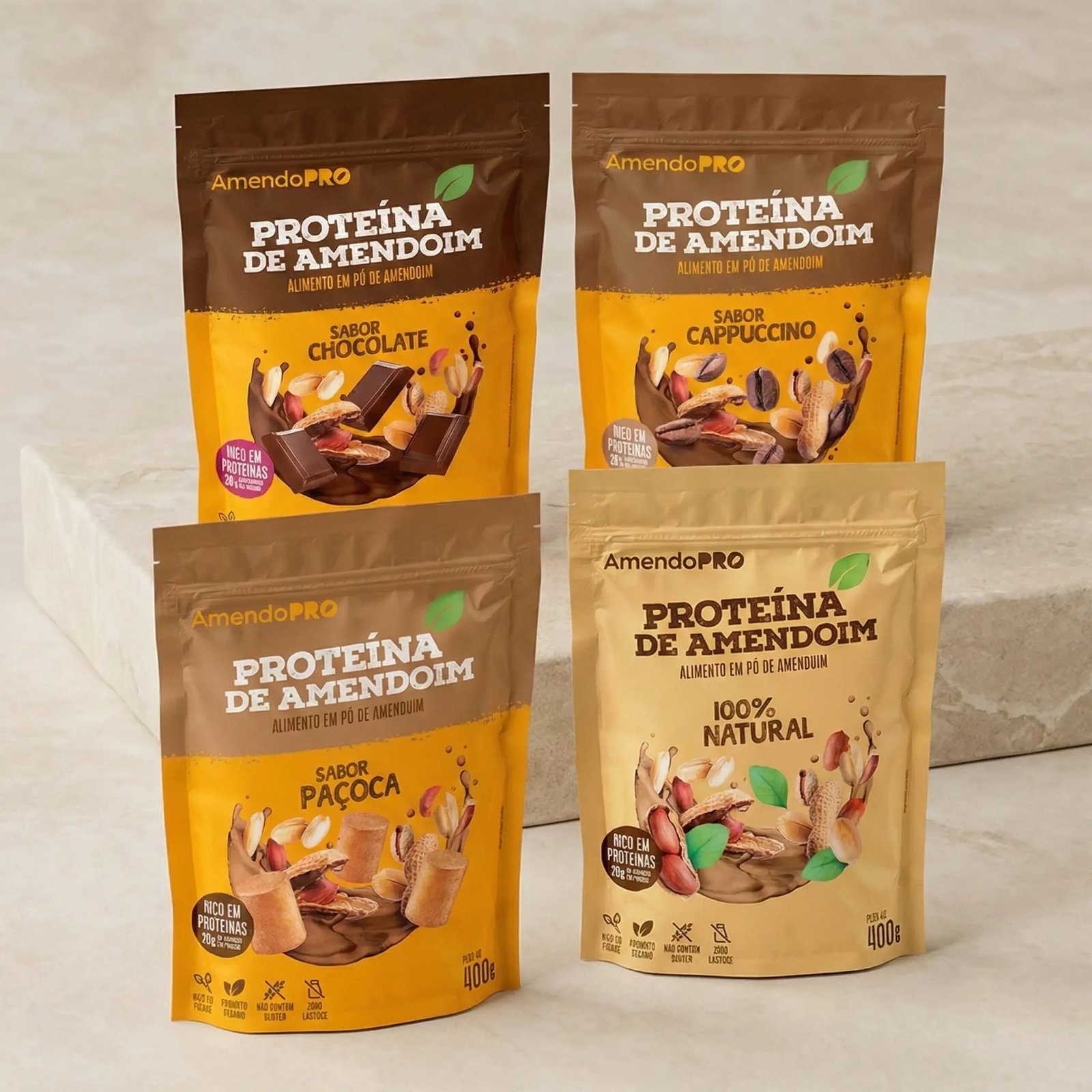Proteína de Maní - 400g | Kit 4 Sabores (Chocolate, Maní, Capuchino y 100% Natural)